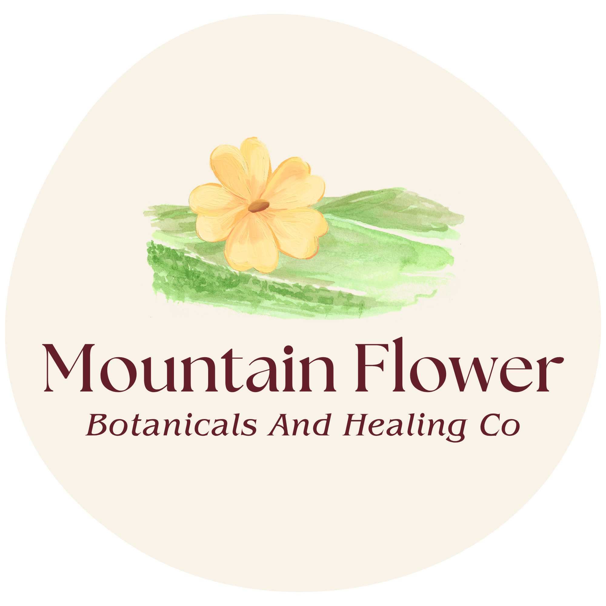 A circular logo for a botanicals brand featuring a watercolor flower.
