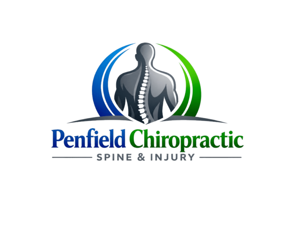 Logo for a chiropractic clinic with spine graphic and green-blue circular design.