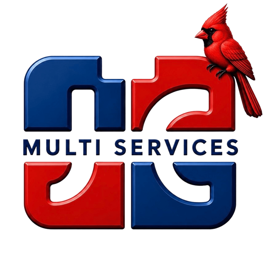 A red cardinal perches atop a red and blue abstract logo with 'MULTI SERVICES' text.