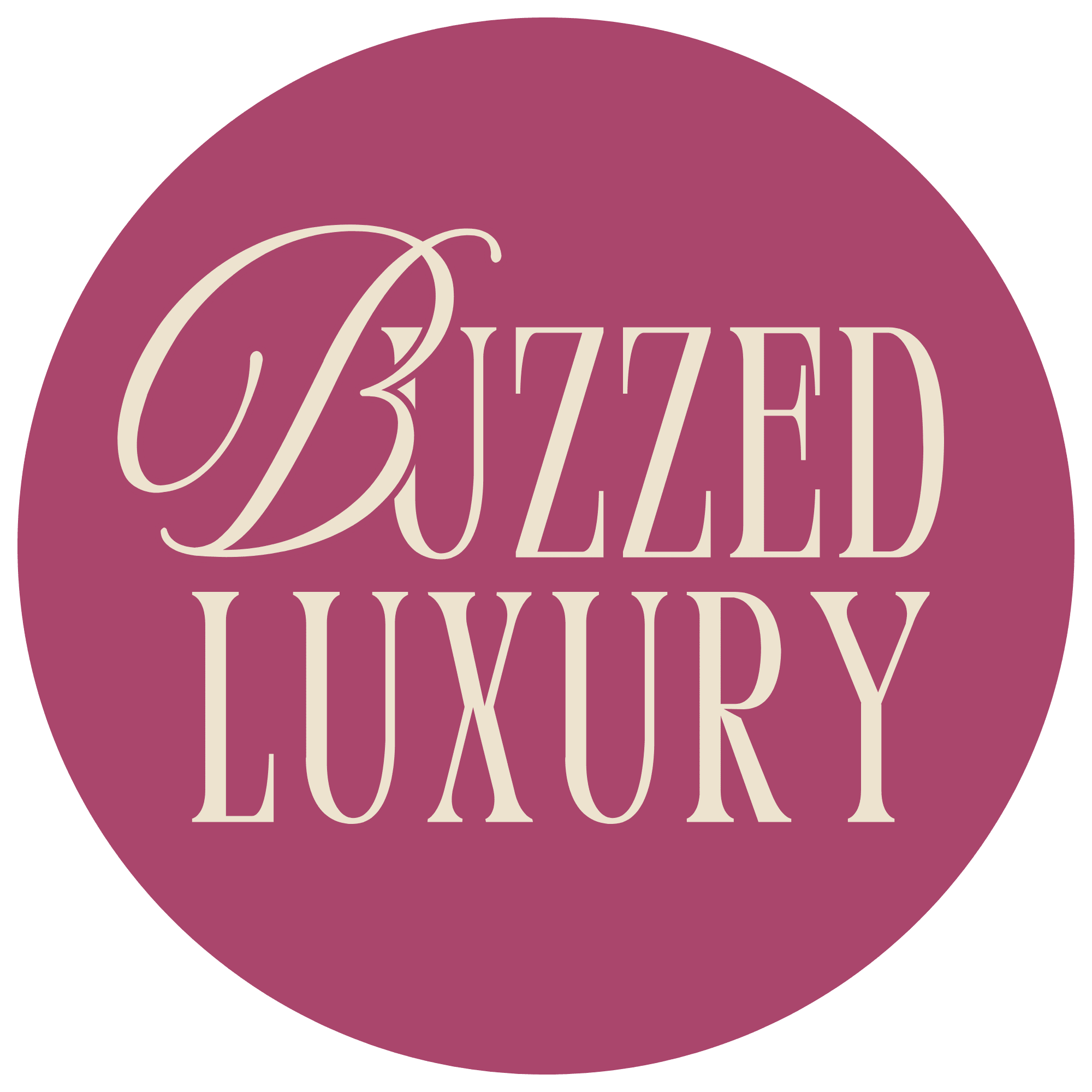 A circular logo with elegant script and block text on a two-tone background.