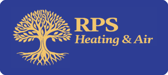 Logo for RPS Heating & Air with tree icon on blue background
