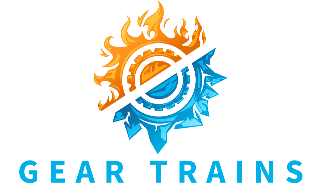 Logo for Gear Trains with fiery and icy gear design on green background