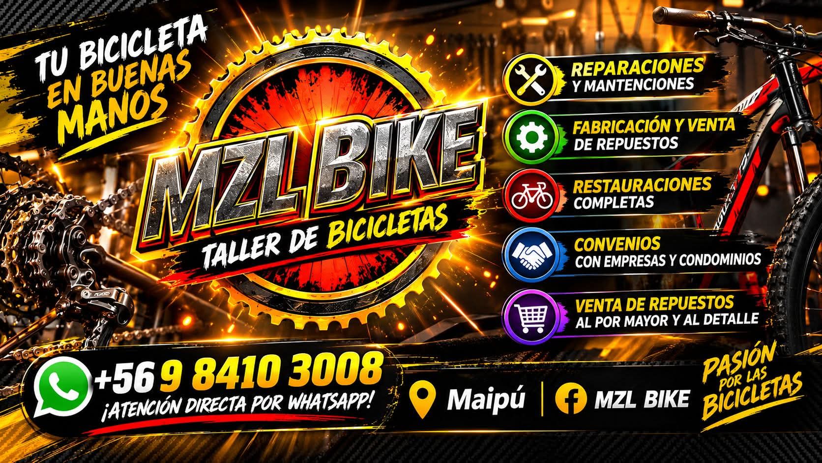 Bicycle repair shop sign with services and contact details in Spanish.