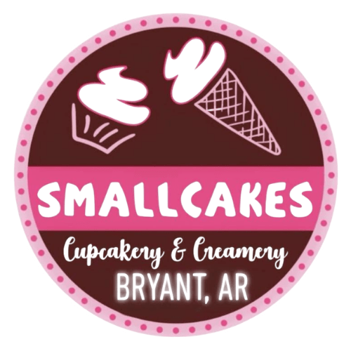 A circular logo for a bakery and creamery with cupcake and ice cream icons.