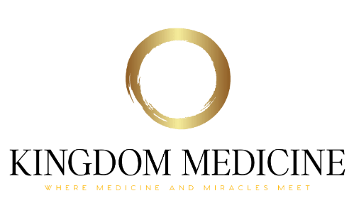 Logo for a medical wellness brand with a gold ring and dark green background