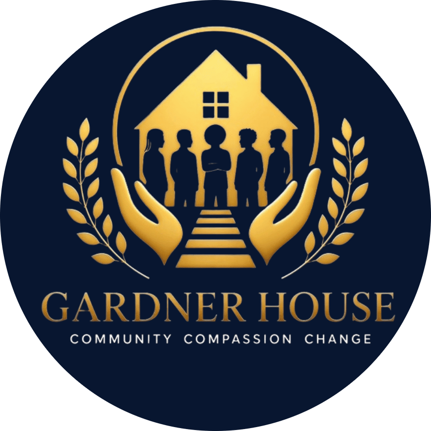 Logo for Gardner House featuring golden hands holding a house with silhouetted figures.