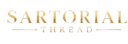 Logo for a luxury menswear brand with gold lettering on green background