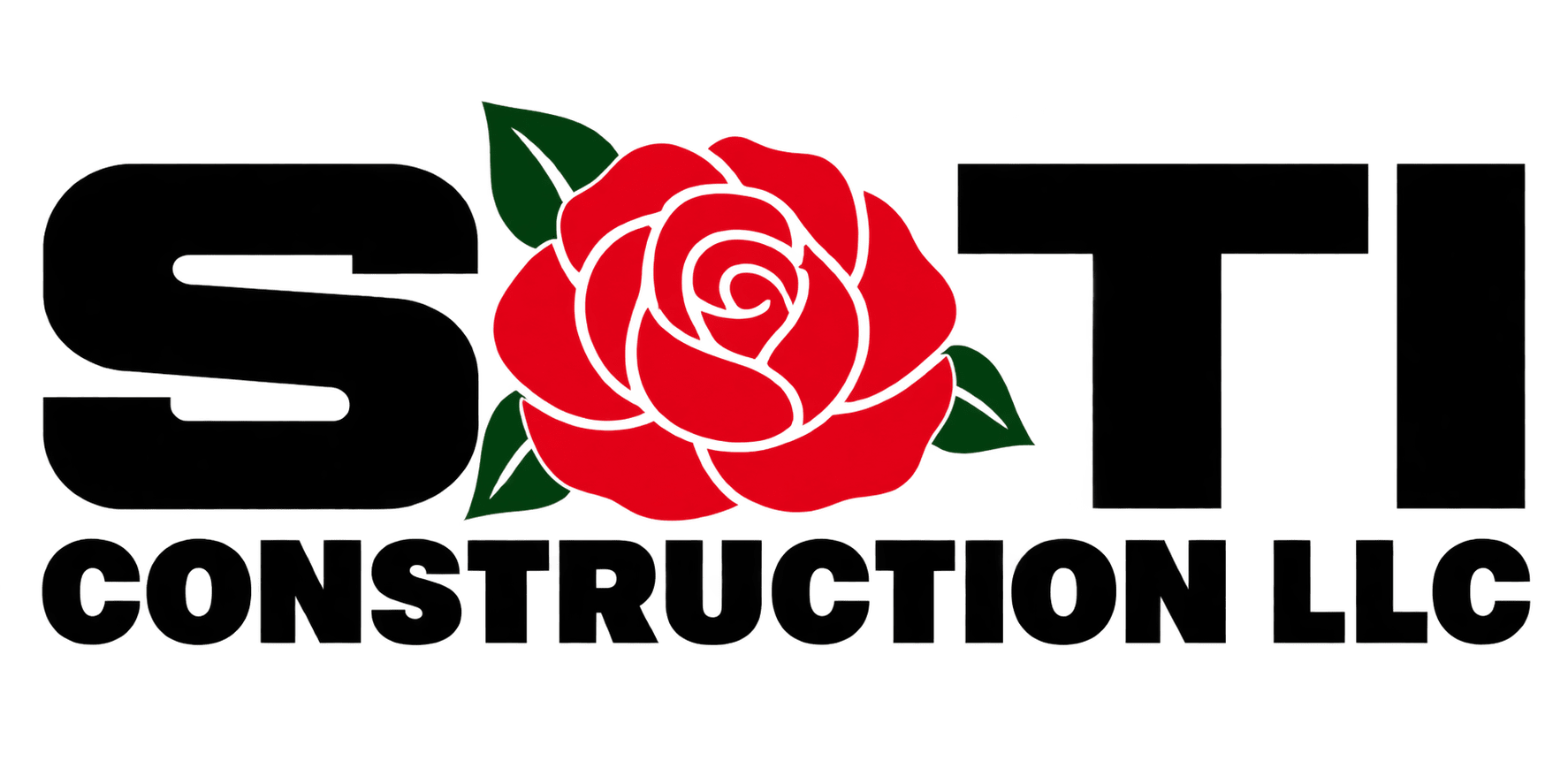 Logo for a construction company with a red rose between the letters S and T.