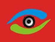Graphic logo of an eye with speaker in pupil on red background
