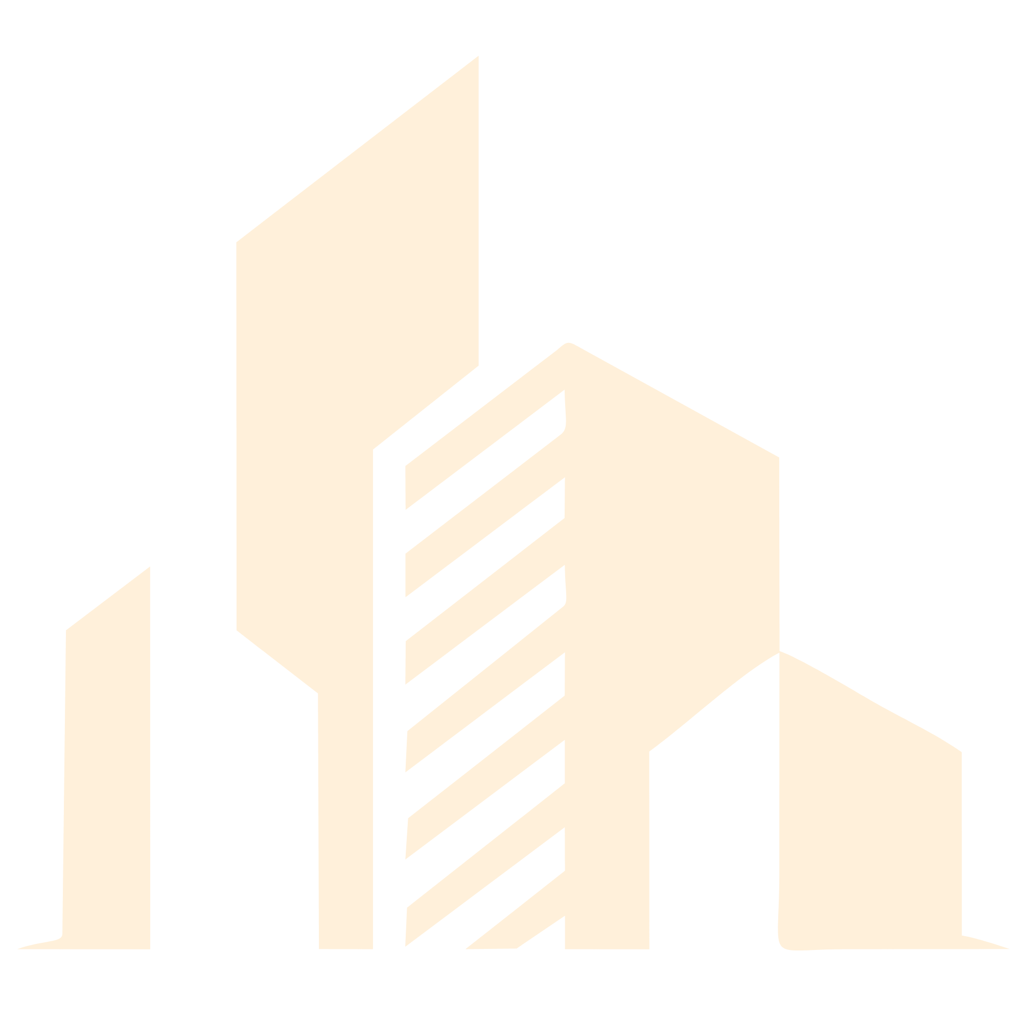 Abstract city skyline icon with stylized buildings in cream on green background