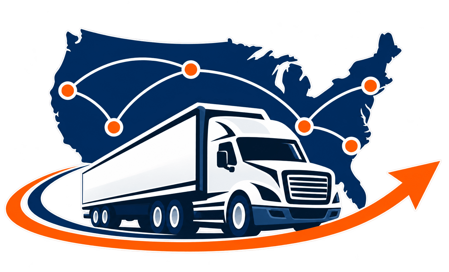 White semi-truck icon connecting U.S. cities on a map with an upward arrow.