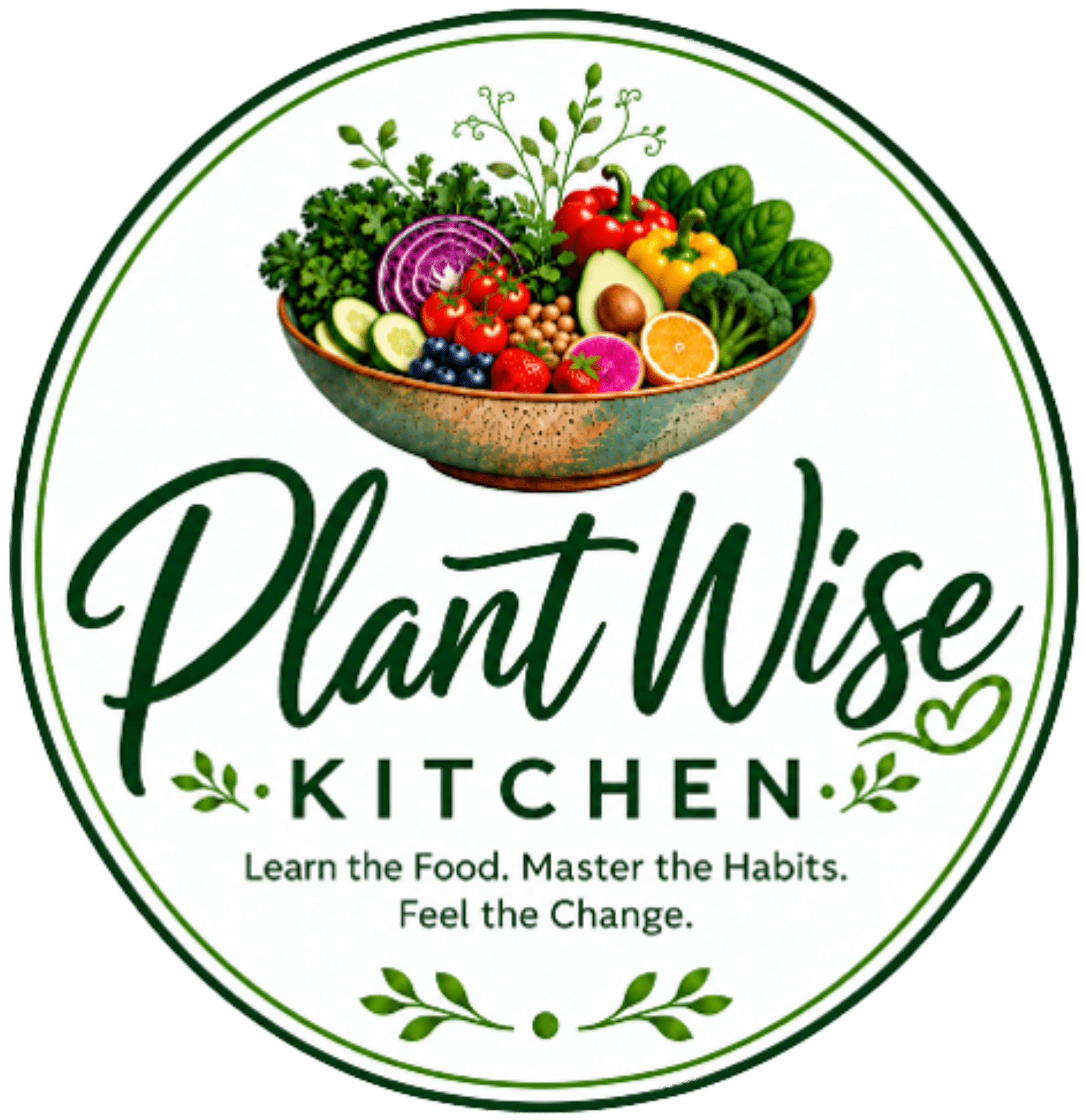 A circular logo for a plant-based kitchen brand featuring a bowl of colorful produce.