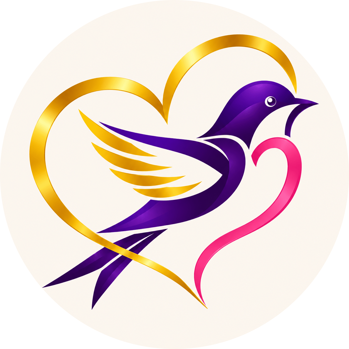 A stylized bird forming a heart shape with ribbon-like wings and tail.