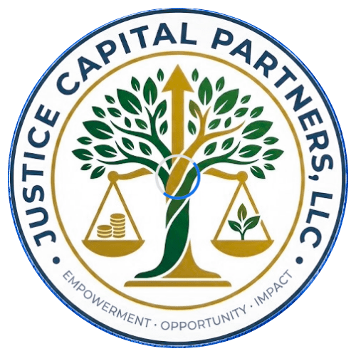 Corporate logo for a justice-focused investment firm with tree and scales.