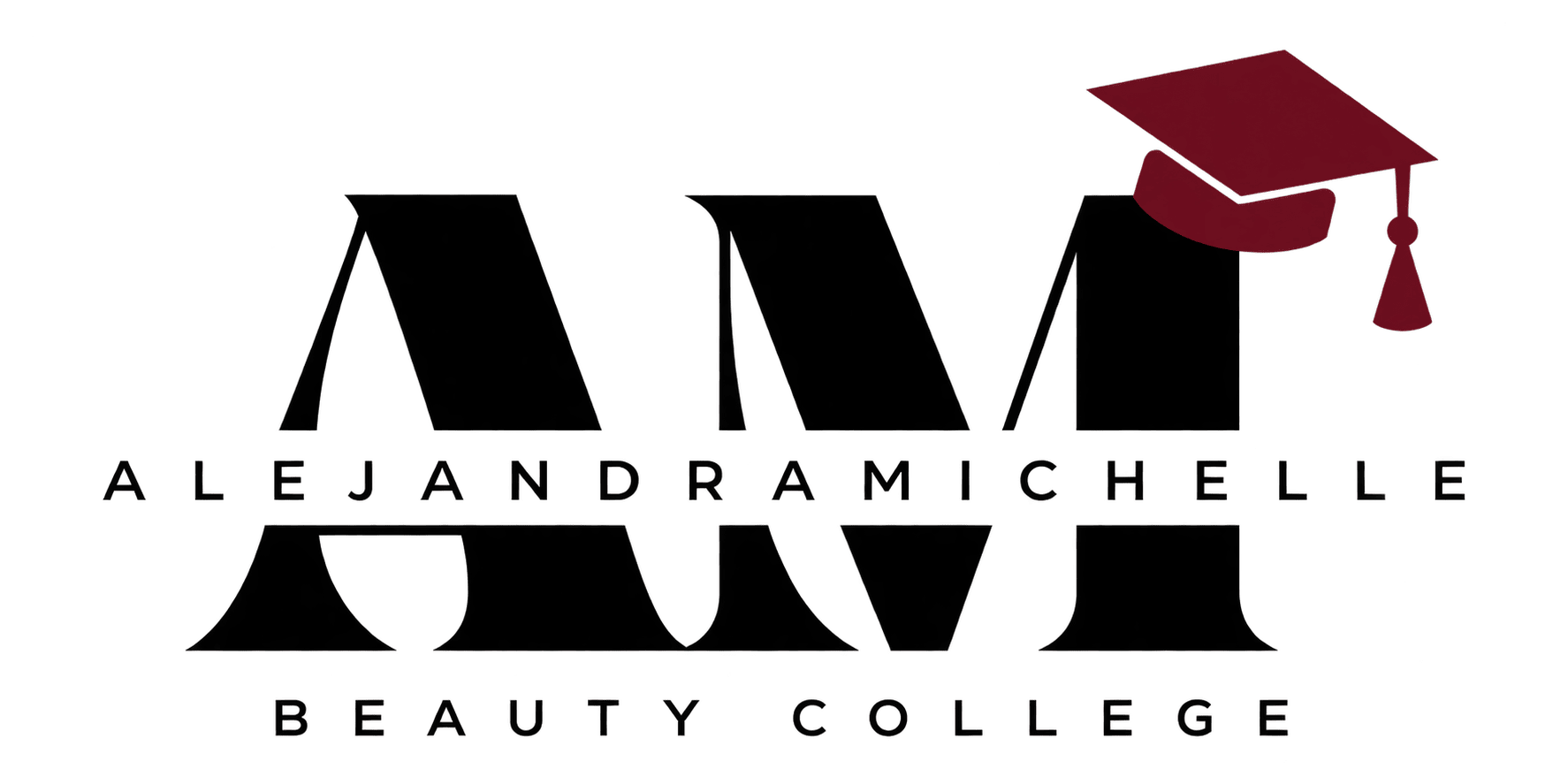Logo for a beauty college with stylized initials and graduation cap.
