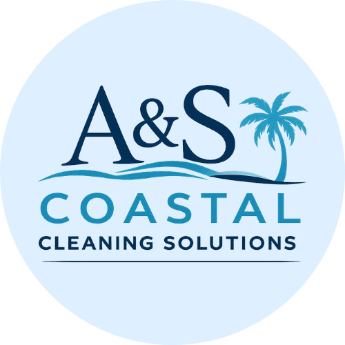 A circular logo for a coastal cleaning service with palm tree and wave design.
