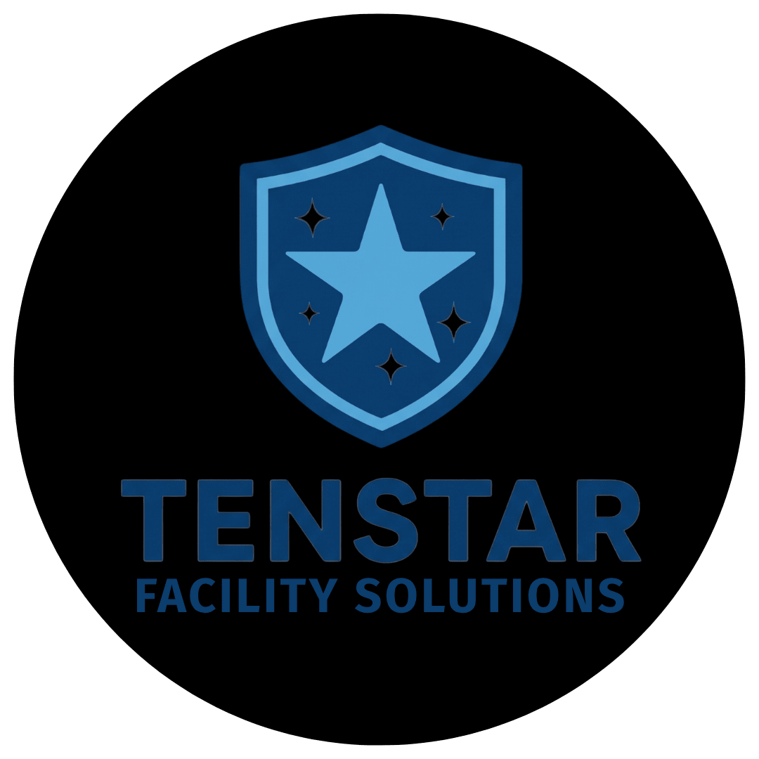 A circular logo for a facility solutions company with a shield and star.