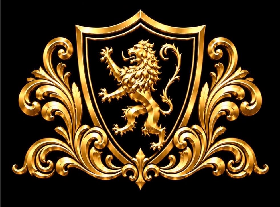 Golden heraldic lion on ornate shield against black background
