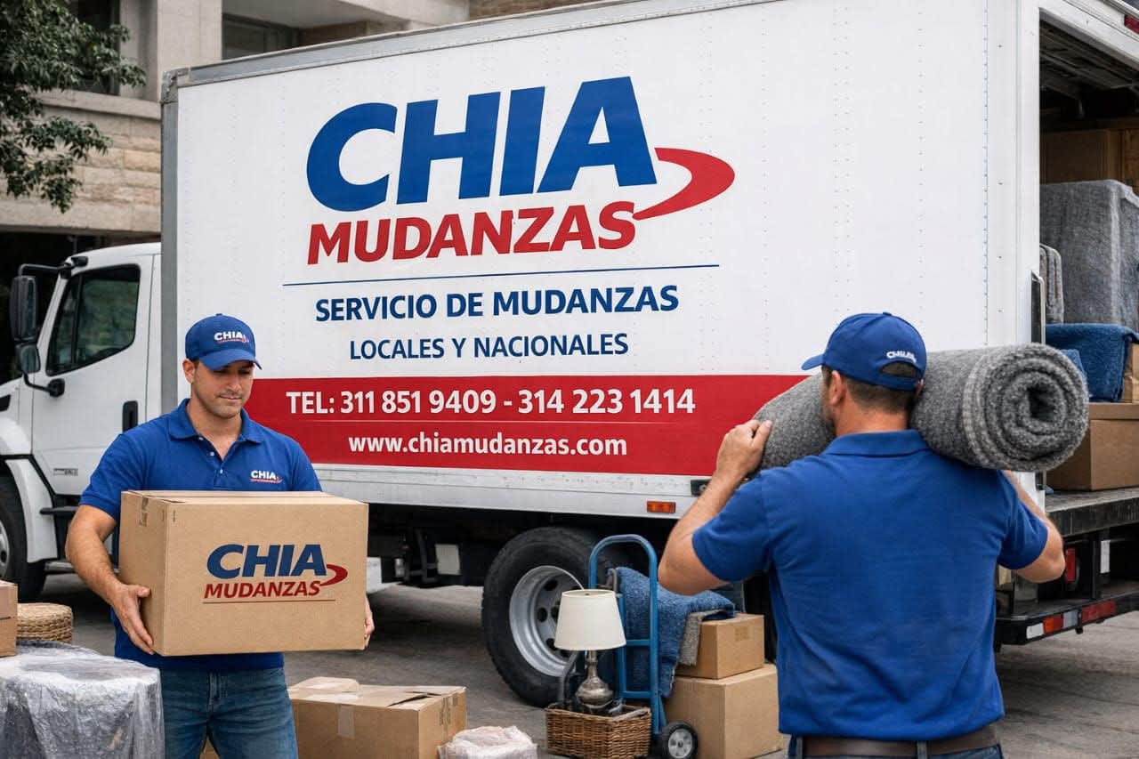 Two movers load a moving truck with rolled rugs and boxes.