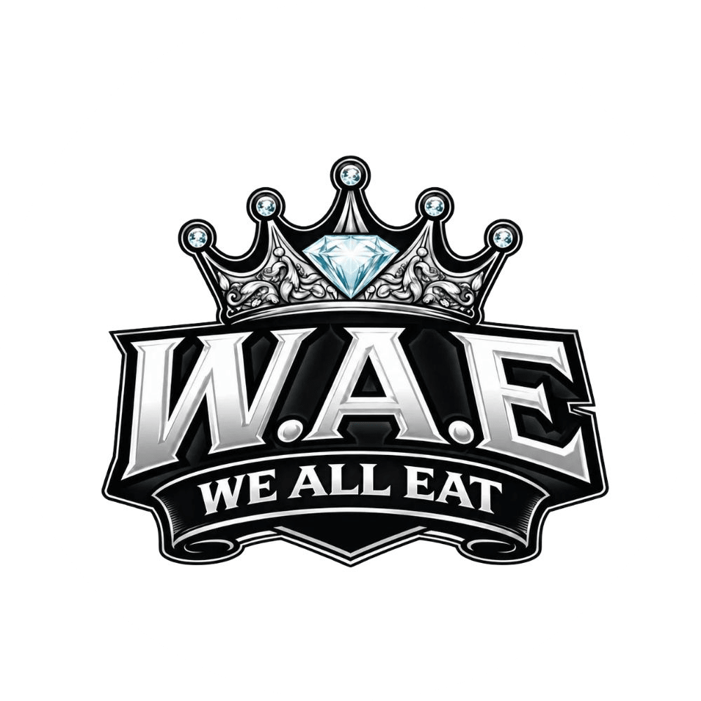 Logo for 'We All Eat' with crown and diamond, circular white background.
