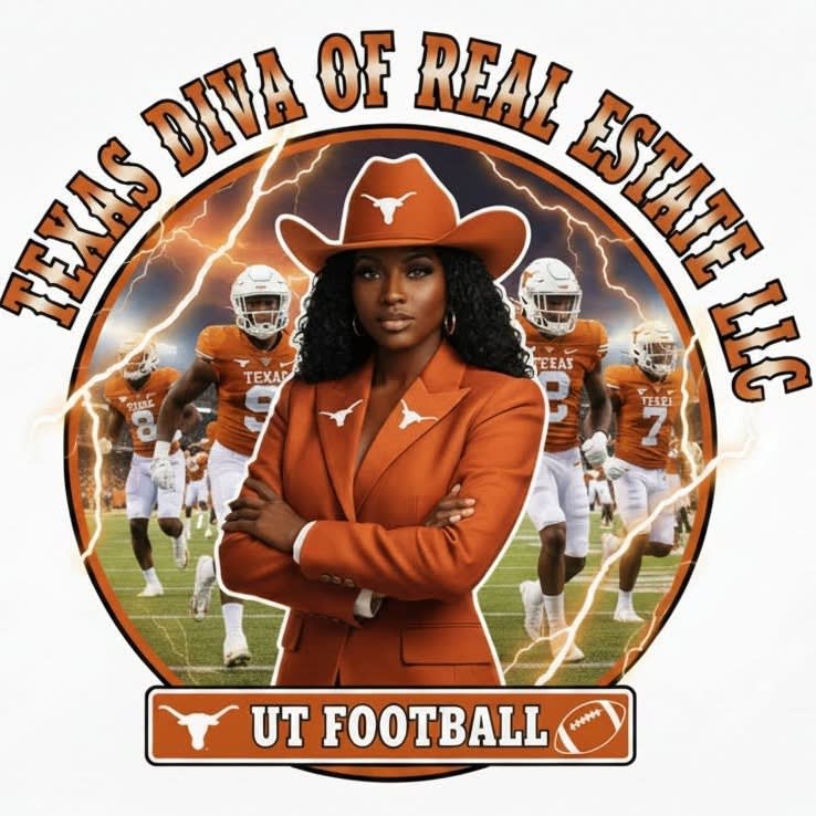 Woman in orange suit and cowboy hat stands confidently with football players behind her.