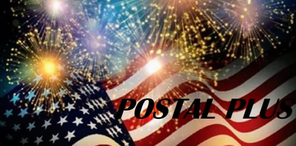 American flag with fireworks and 'POSTAL PLUS' text.