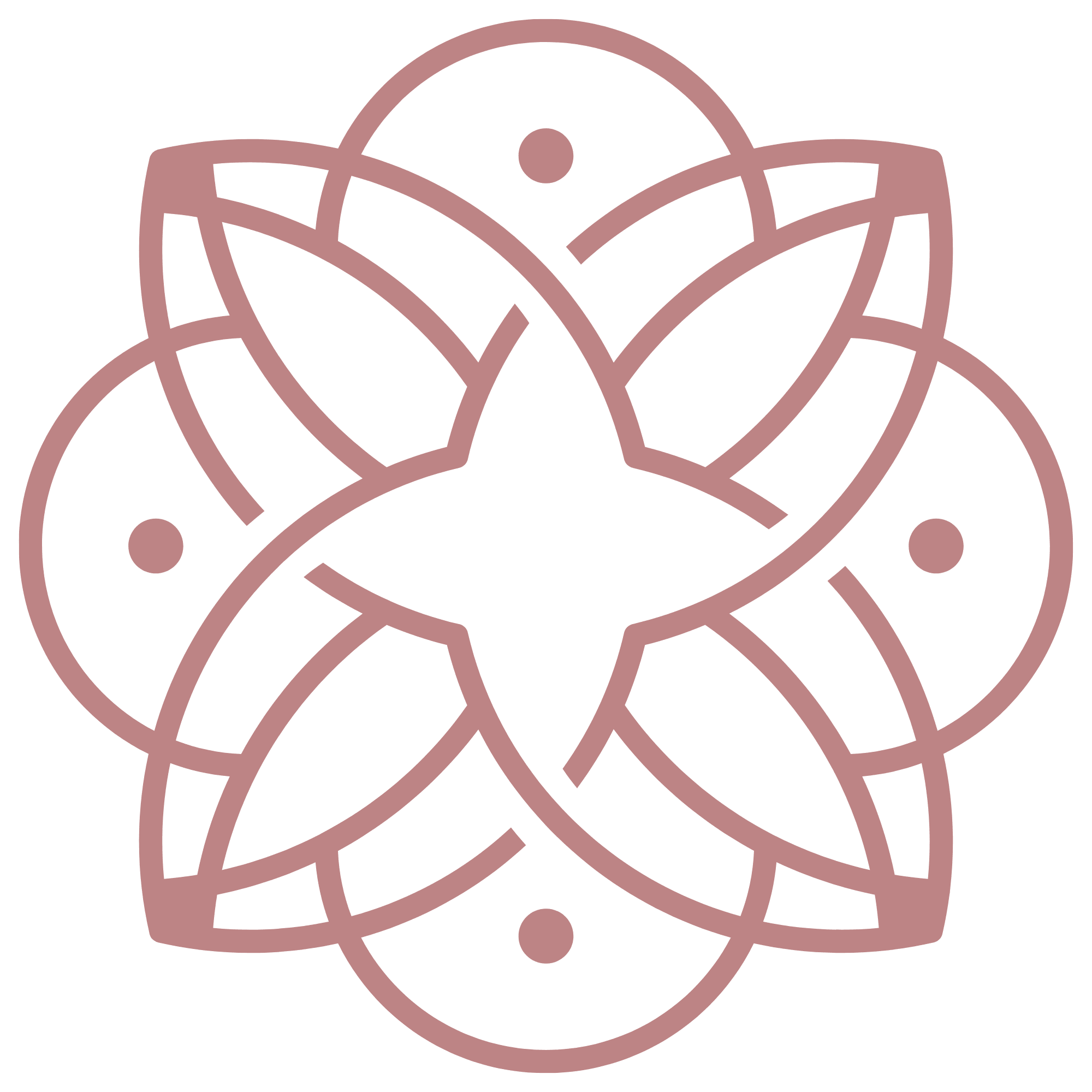 Geometric floral logo with interlocking petals on a solid green background.