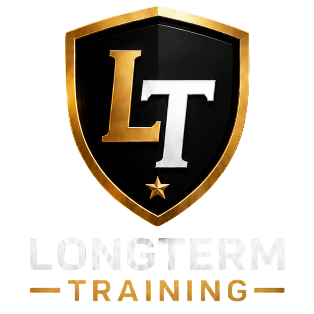 Logo for LongTerm Training with shield emblem and bold typography.