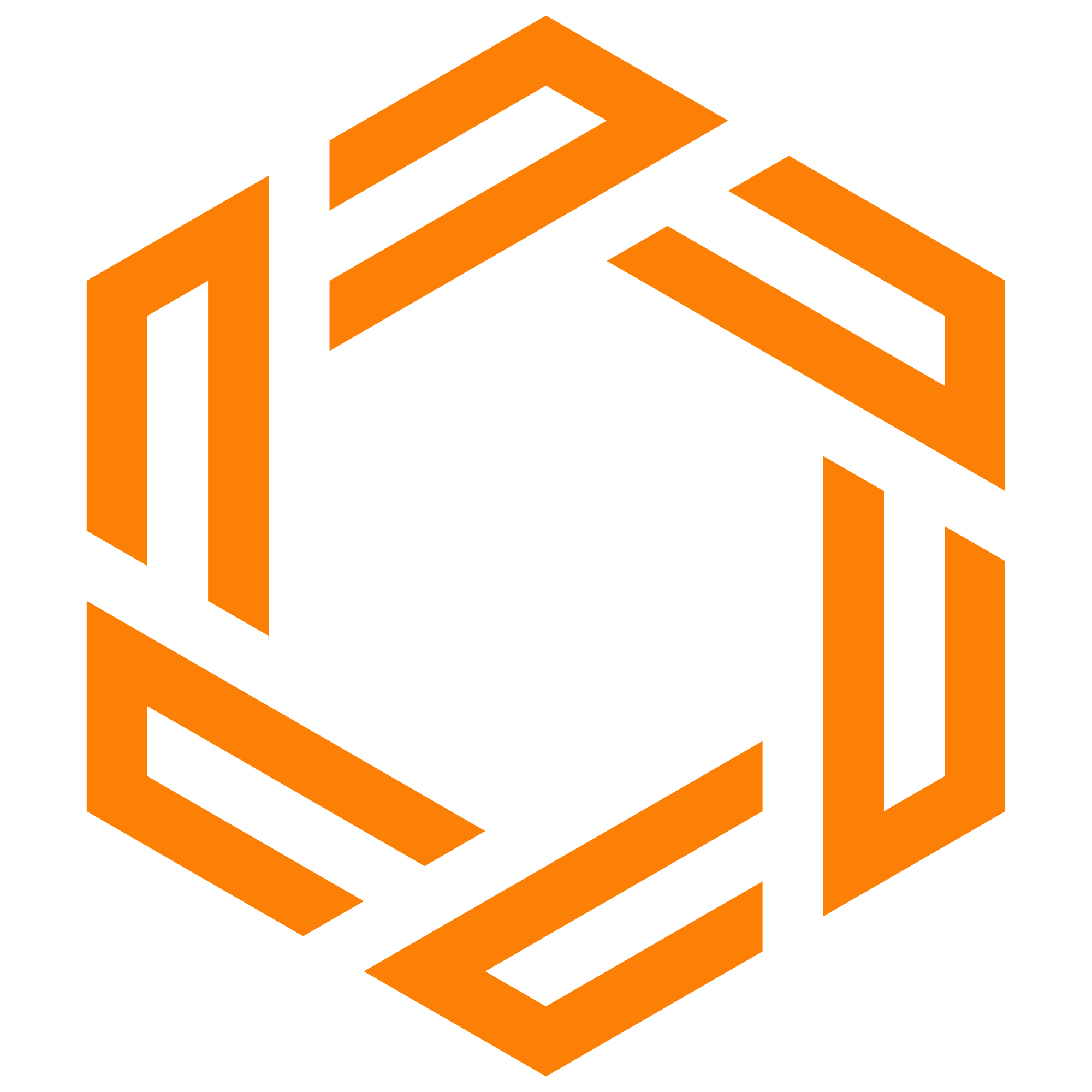 Abstract geometric logo with orange lines forming a hexagonal pattern on green.