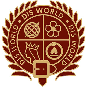 A circular emblem with laurel wreath and four symbols, bordered by 'DIS WORLD'.