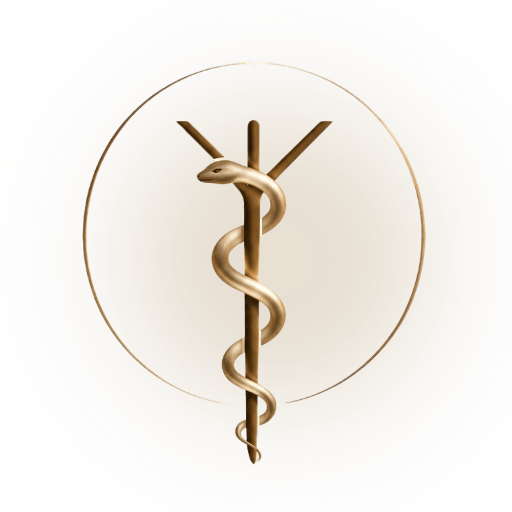 Medical symbol of a staff with a coiled snake.