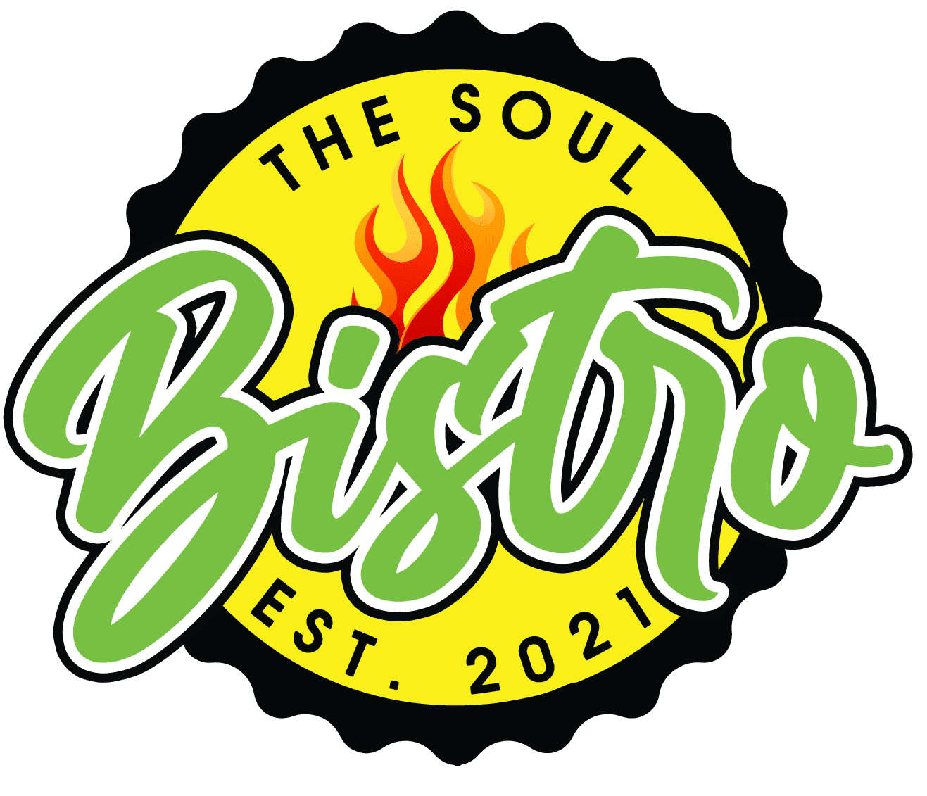 A restaurant logo badge with flame motif and green script.