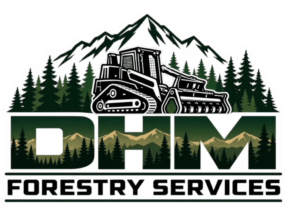 Logo for DHM Forestry Services featuring a bulldozer and mountain forest.
