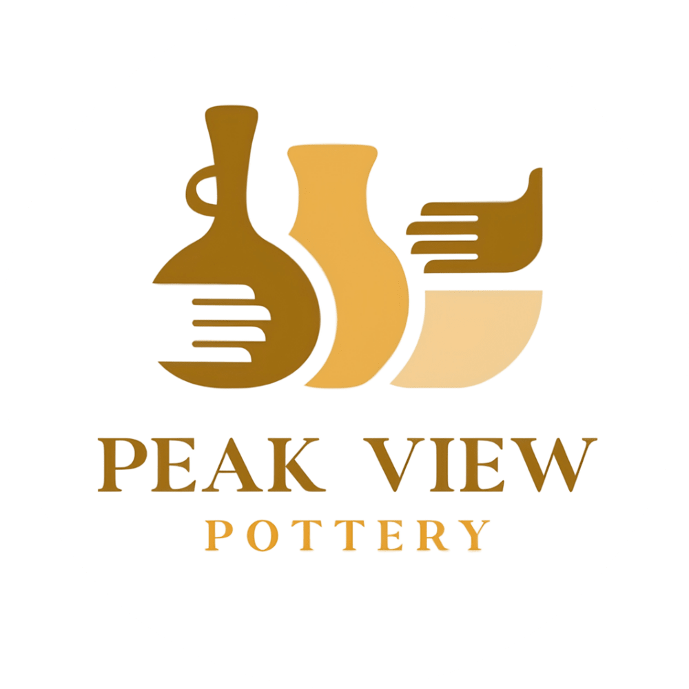 Logo for a pottery business with stylized hands shaping clay vessels.