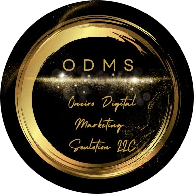 A circular logo for a digital marketing company with gold text and glitter effect.