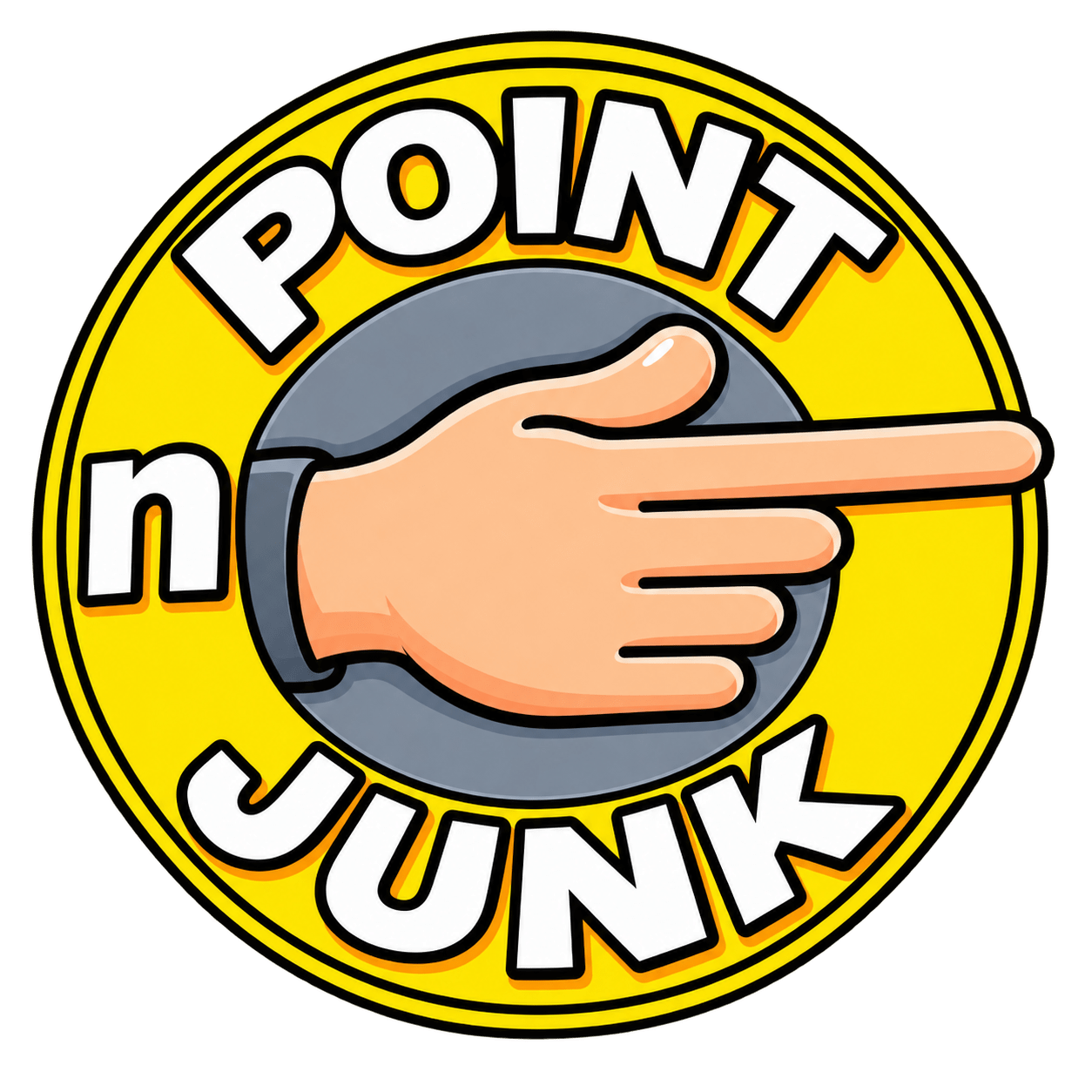 A cartoon hand pointing right inside a yellow circle logo.