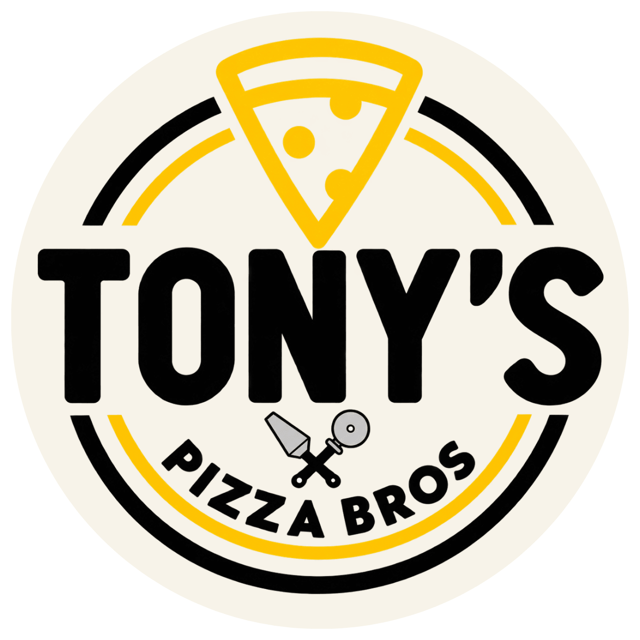 Circular pizza shop logo with bold text and pizza slice icon.