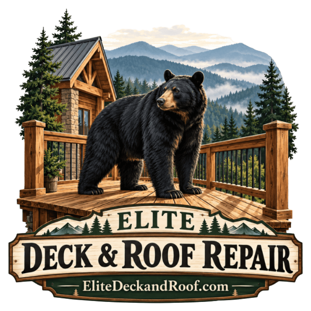 A black bear stands on a wooden deck in front of a rustic cabin with mountains behind.