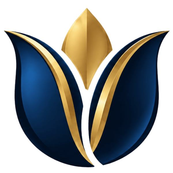 A stylized blue and gold logo resembling a tulip or leaf.