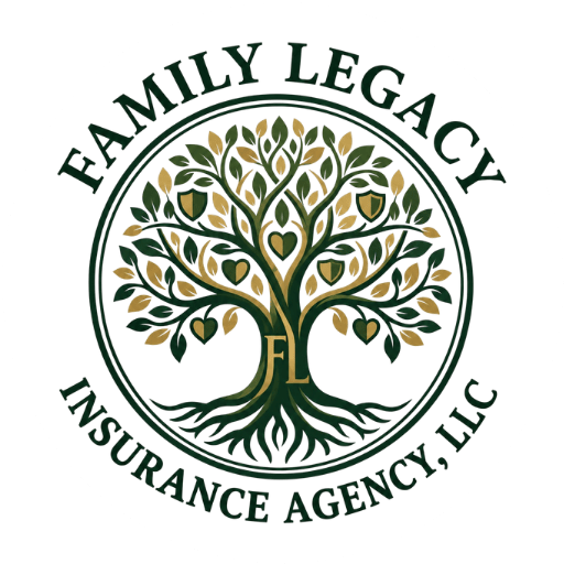 Circular logo for a family insurance agency with tree motif and shield icons.