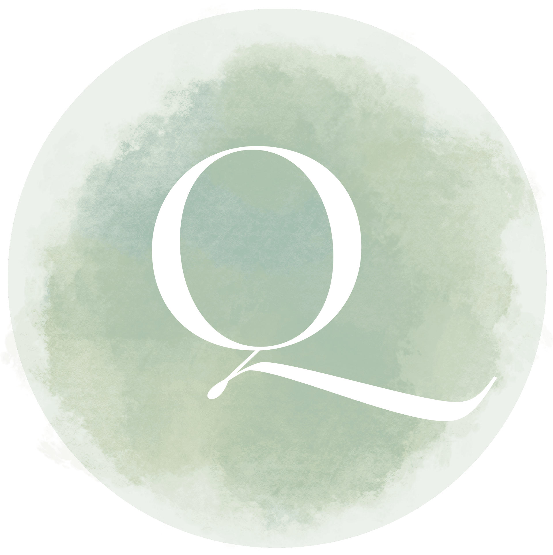 A minimalist logo with a stylized Q inside a watercolor circle.