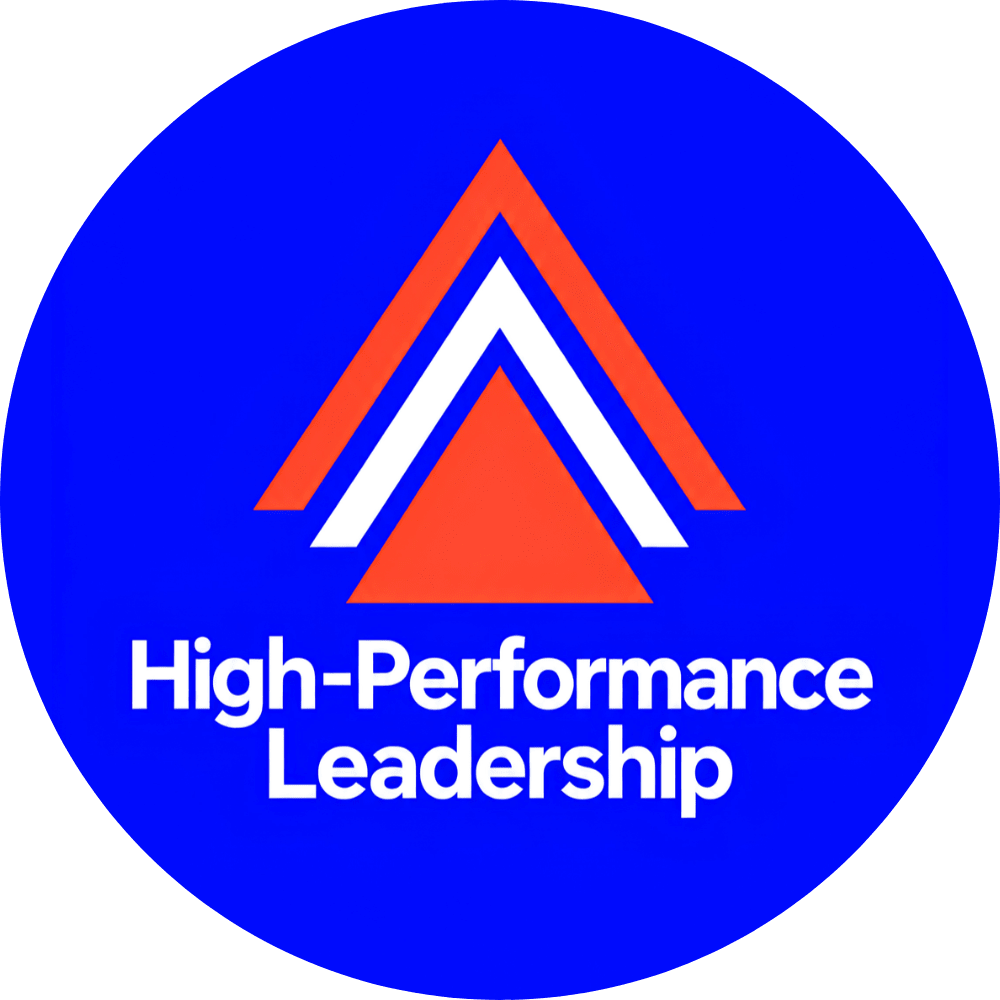 A circular logo with stacked triangles and text.