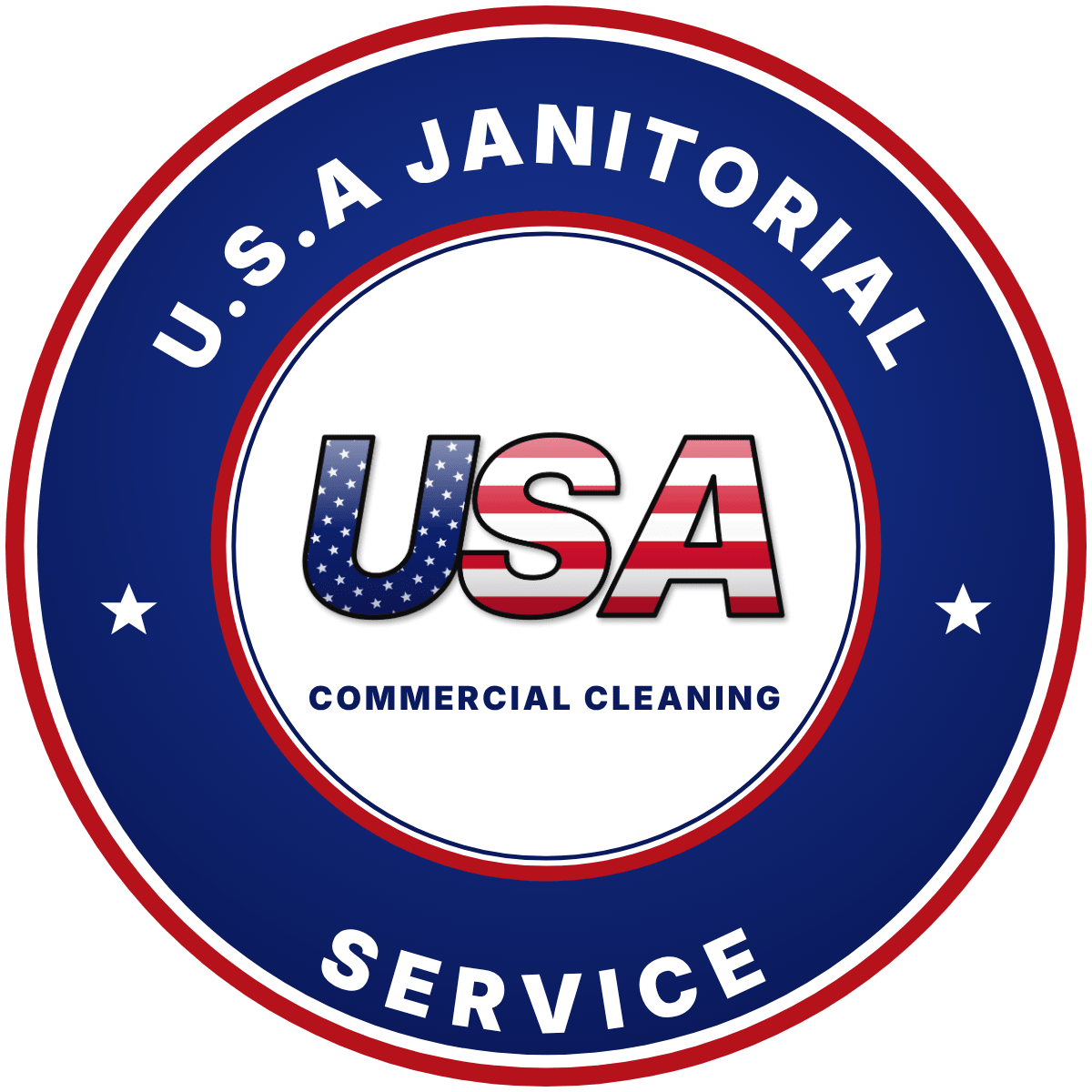 Circular logo for a U.S. commercial cleaning service with patriotic design.
