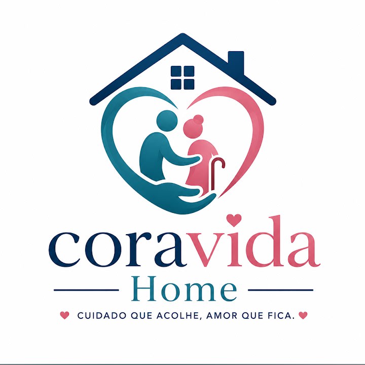 Logo for a home care service featuring stylized figures in a heart-shaped house.
