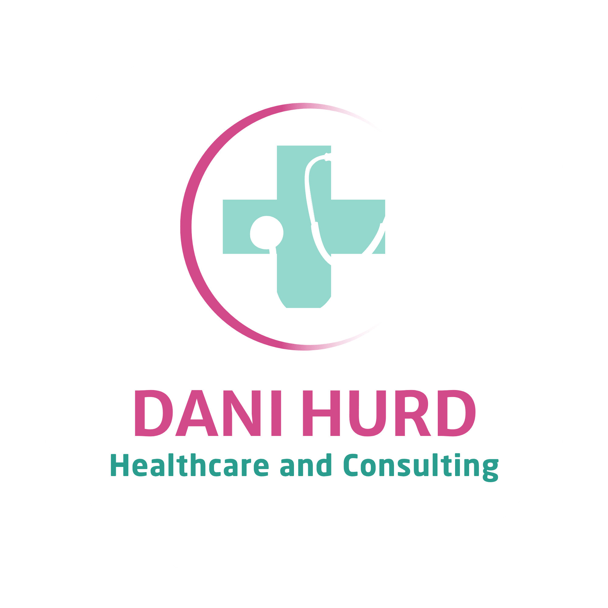 A circular logo for a healthcare consulting business on a solid green background.