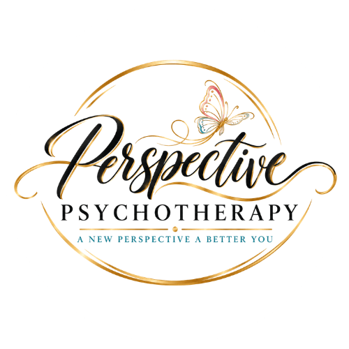 Circular logo for a psychotherapy practice with butterfly and gold script.