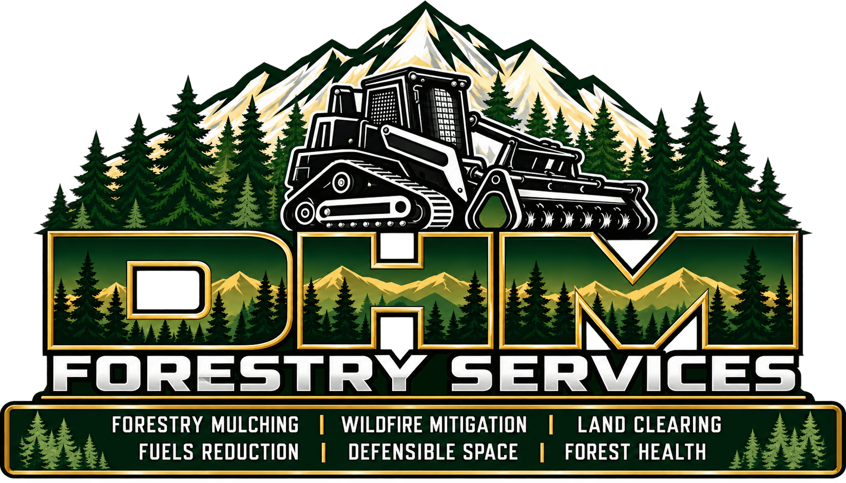 Logo for forestry services company with bulldozer and mountain backdrop