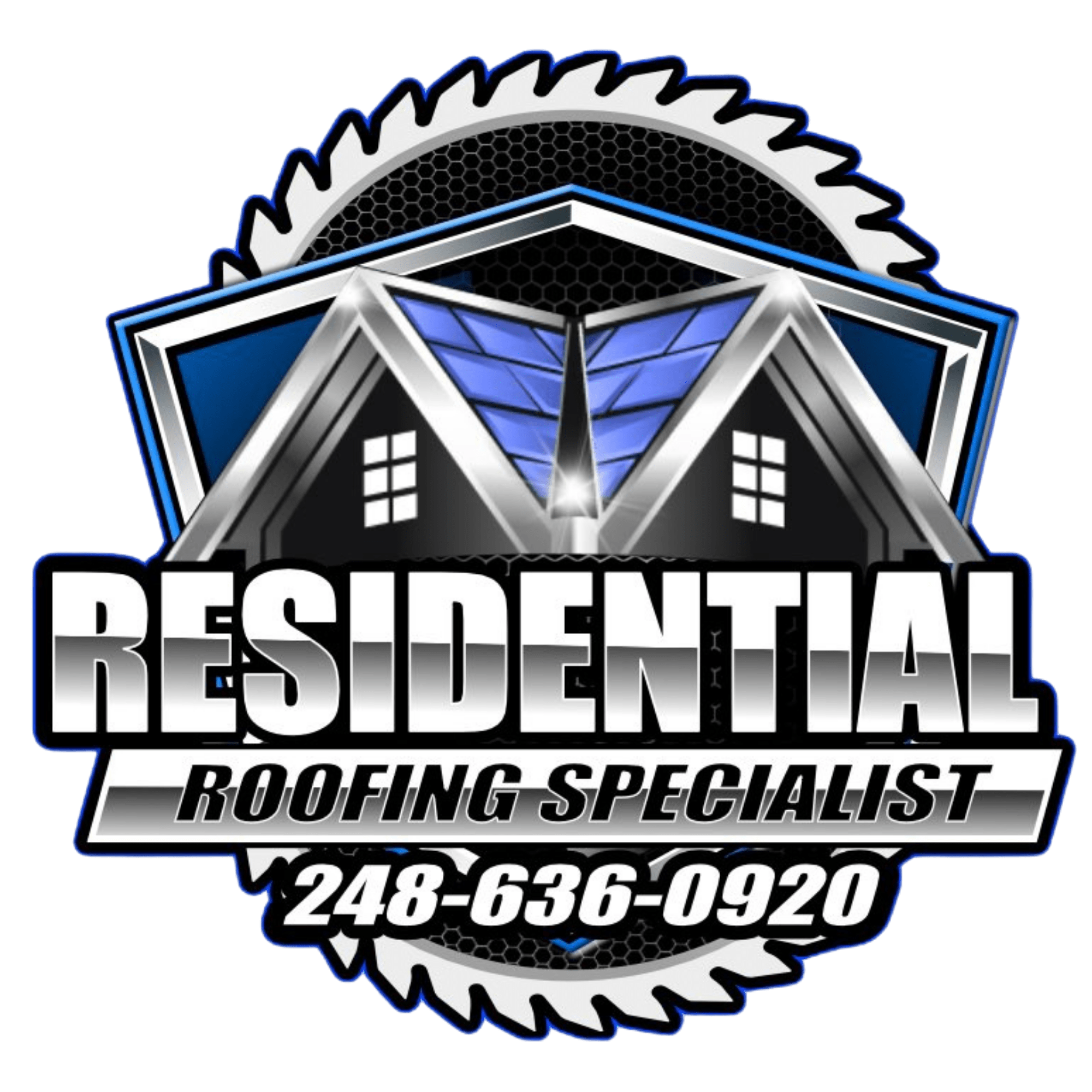 Logo for a residential roofing company with saw blade and house graphic.