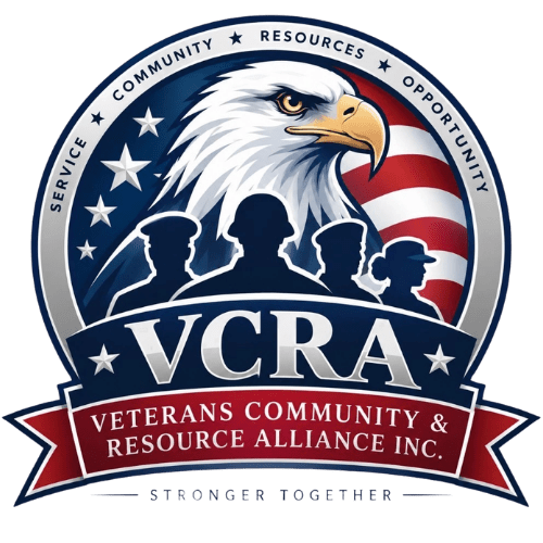 Logo for a veterans community organization with eagle and silhouettes.