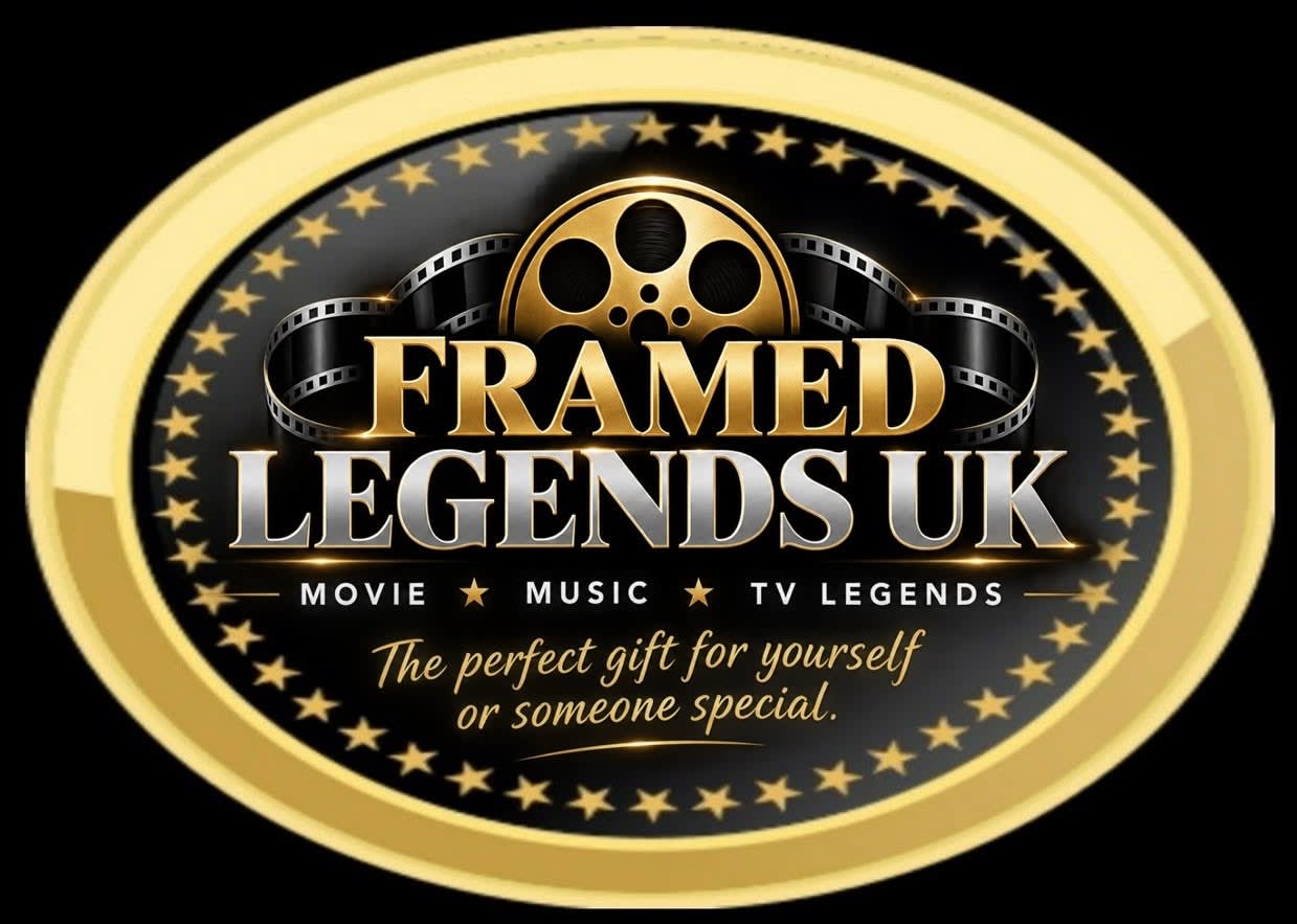 A golden oval logo for a movie and TV memorabilia brand.